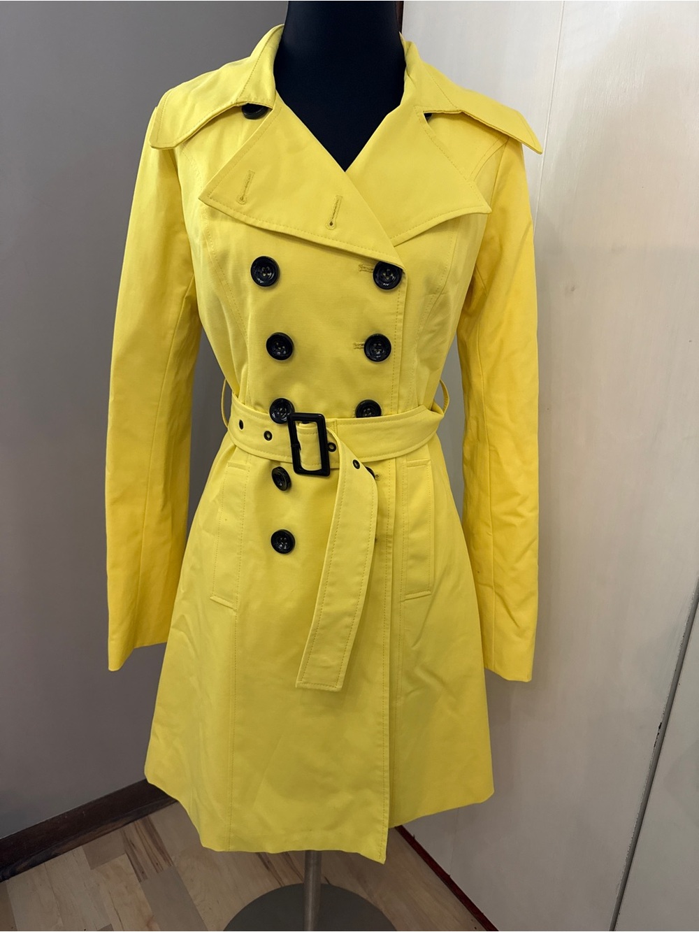 New York & Company Bright Yellow Double-Breasted Trench with Belt